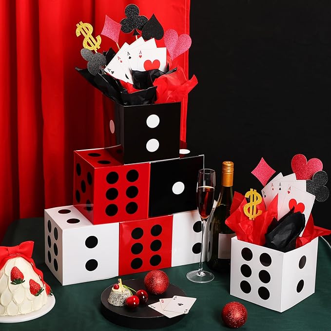Zhanmai 16 Set Casino Theme Party Decorations 6 x 6 x 6 Inch Paper Poker Boxes Casino Centerpiece Sticks for Table Game Theme Night Decoration Gift Box for Poker Birthday Party Supplies