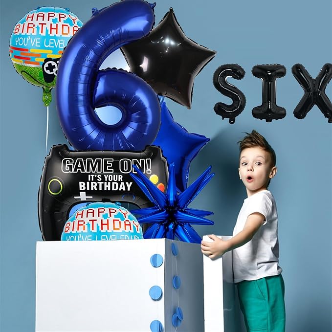 11pcs Video Game Themed Party Decorations, Number 6th Boys Birthday Party Supplies, Navy Blue Video Game Controller Mylar Foil Balloon, Video Game Party Decoration Supplies