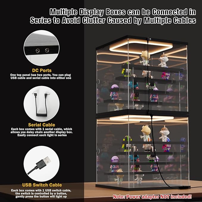 Nynelly Acrylic Lighted Display Case for Collectibles, 5 Tier Figure Display Box with Door and Steps, Assemble Dustproof LED Showcase Storage Box for Mini Figures, Funko Pop, Toys, Black