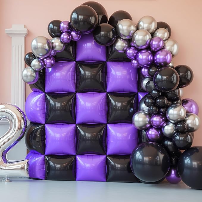 Black Purple Square Foil Balloon Wall,25Pcs Double Sided Foil Balloons Backdrop Helium Polyester Tunnel Arch Garland Kit for Birthday Bridal Anniversary Baby Shower Halloween Party Decorations
