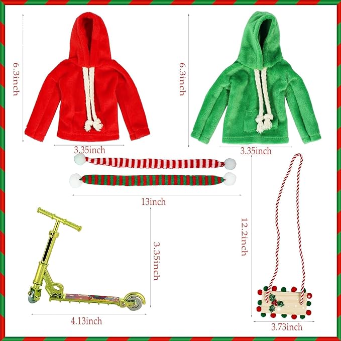 6Pcs Christmas Elf Doll Accessories Set for Boys and Girls Elf Clothes Outfit with Sweatshirt,Scarves,Wooden Swing, Novelty Fun Christmas Elf Accessory for Kids Doll Xmas Decorations