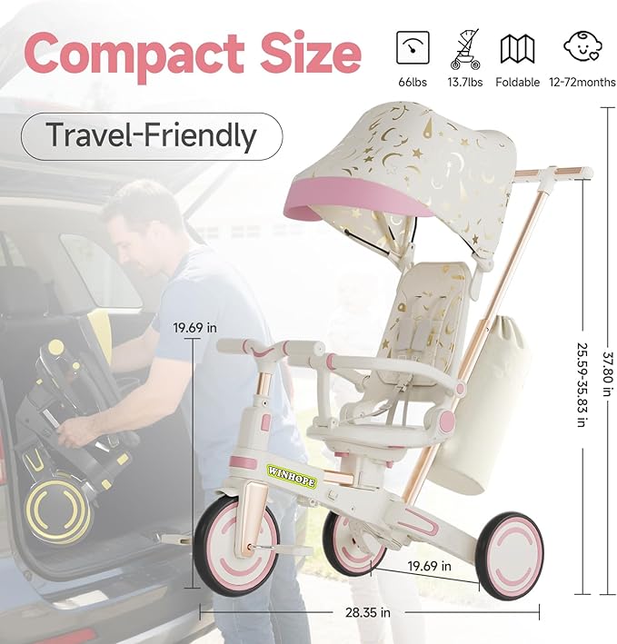 WinHope 9-in-1 Push Tricycle for Toddlers 1-3 Years, Convertible Kids Trike with Push Handle & Safety Belt, One-Client Foldable Design + Storage Basket, Birthday Gift and Toy for Boys and Girls(Pink)