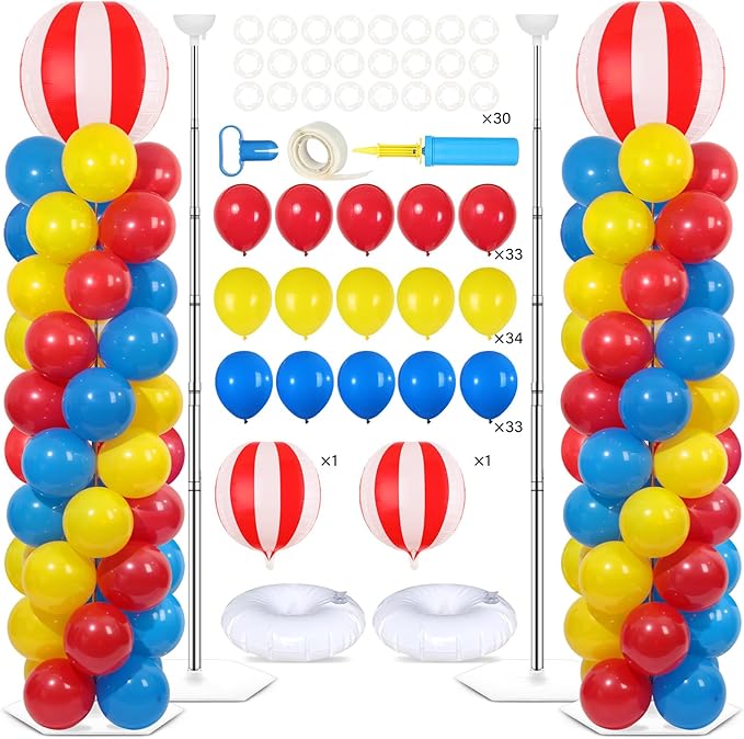 2 Sets Carnival Circus Balloon Column Stand Kit with 102 Balloons 5.57ft Adjustable Balloon Tower Stand with Bases Red and White Striped Balloons Arch Column for Carnival Birthday Party Supplies