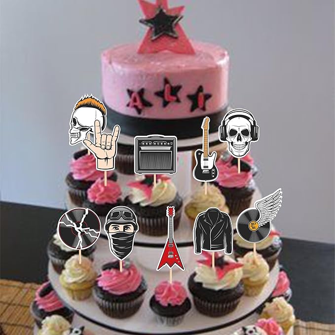30 PCS Rock and Roll Party Cupcake Toppers Rockstar Music Cupcake Picks Guitar Musical Instrument Cake Decorations for 80's Retro Muscial Theme Baby Shower Birthday Party Supplies