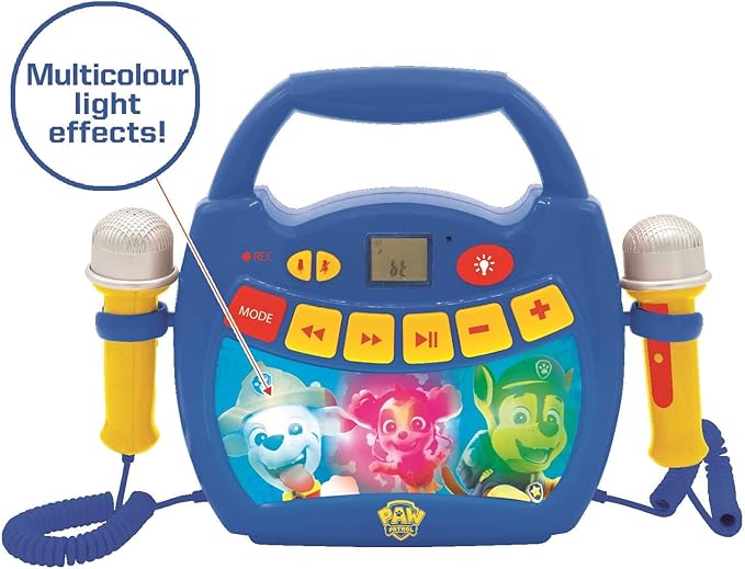 LEXiBOOK – Paw Patrol - Portable Karaoke Digital Player for Kids – Microphones, Light Effects, Bluetooth, Record and Voice Changer Functions, Rechargeable Battery, Blue/red, MP320PAZ