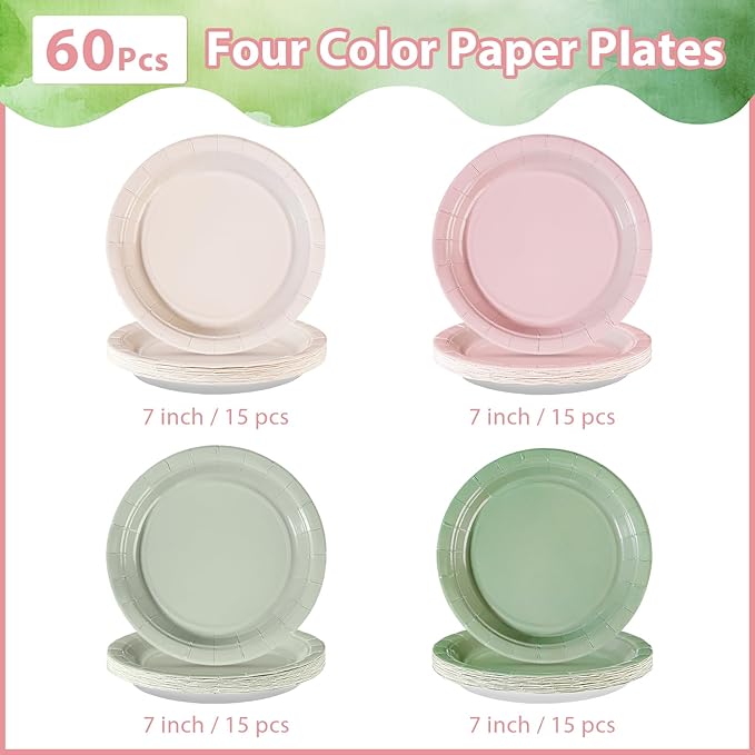 60Pcs Pink and Sage Green Birthday Paper Plates 7 Inch Disposable Heavy Duty Pink Sage Green Plates Boho Bridal Shower Party Decorations for Girls Baby Shower Wedding Bachelorette Party Supplies