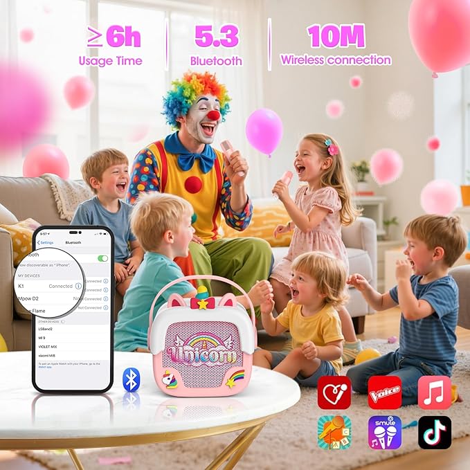 Mini Karaoke Machine for Kids Girls: Unicorn Portable Bluetooth Speakers with 2 Wireless Mic Easter Birthday Gifts for 5 6 7 8 9 10 11 Years Teen Toys for Girls Age 4-6 7 8 9 Basket Stuffers Pink