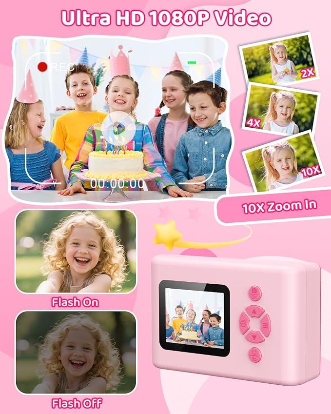 Kids Camera Instant Print, 20MP 1080P Video Instant Print Camera for Kids with 32GB SD Card, 240 Photos Printing, Face Recognition, ABS Durable, Christmas Birthday Gifts for Ages 3-12 (Pink)