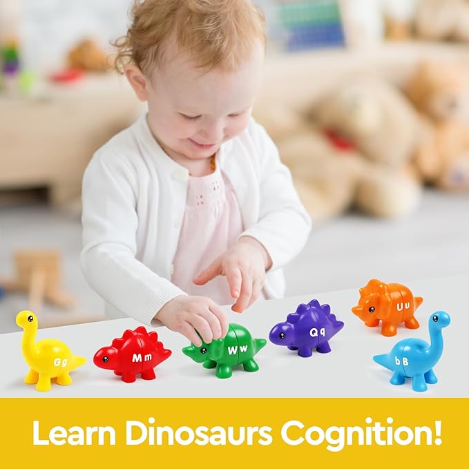 Alphabet Dinosaurs Matching Toy, Toddlers ABC Learning Dinosaurs with Uppercase Lowercase, Match and Snap Fine Motor Game Preschool Learning Activities Exchange Birthday Gifts for Kid Boys & Girls