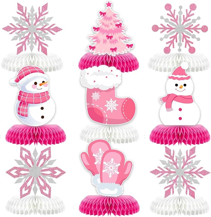 9Pcs Winter Wonderland Decorations 3D Snowflake Honeycomb Table Centerpieces for Frozen Winter Blue White Theme Christmas Baby Shower Birthday Party Supplies (Snowman Pink)