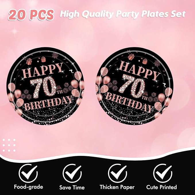 41PCS 70th Birthday Party Decorations, Black Gold Vintage 70th Tableware Set Paper Plate Napkin and Tablecloth, Back to 1955 Aged 70 Table Party Supplies, 70 Year Old Birthday Decor for Women Men