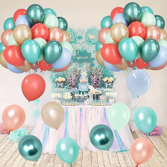 Tropical Balloons Rose Gold Blush Blue Balloons for Hawaii Luau Party Decorations 60pcs 12inch Peal Teal Green Blue Champagne Helium Latex Balloon Magic Birthday Flamingo Summer Baby Shower Decor