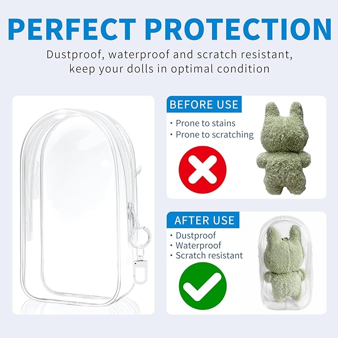 Protective Case for Labubu Plush Doll, Clear Bag Hanging Display with Keychain, Toy Storage Box carrier, PVC Transparent Figure Cover, Carrying Pouch Accessories(Doll Not Include) (Large 7.4")