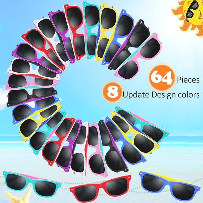 64 Pack Kids Sunglasses Party Favors, Kid's Neon Sunglasses Bulk, Childrens Sunglasses Boys Girls Eyewear Pack for Goody Bag Fillers Summer Beach Pool Birthday Party Supplies