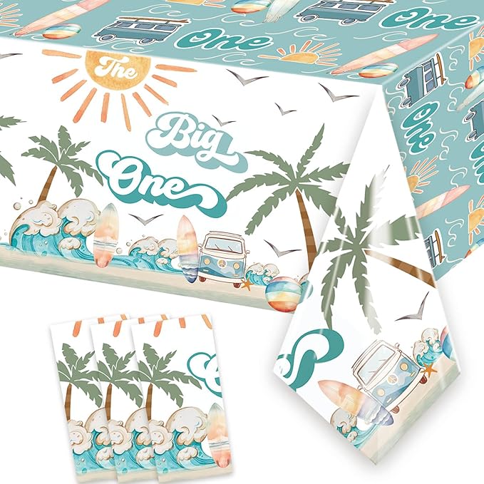 3 Pcs Surf 1st Birthday Party Supplies Boy Table Cloth 54in x 108in Surfing The Big One Tablecovers for Summer Beach Theme Boys Surfing First Birthday Baby Shower Party Table Decorations