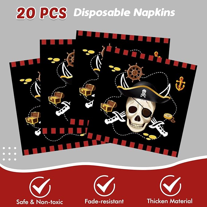 41pcs Pirate Tableware Set Includes 20 Plates, 20 Npkins and 1 Tablecloth, Pirate Ship Theme Party Supplies Decorations Pirate Dinnerware for Adult Teens Kids Table Decor, 20 Guests