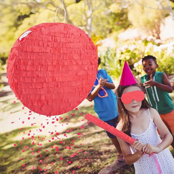 Red Round Pinata with Stick Blindfold and Confetti DIY Blank Pinata for Adults Kids Birthday Party Supplies Carnivals Thanksgiving Christmas Decorations
