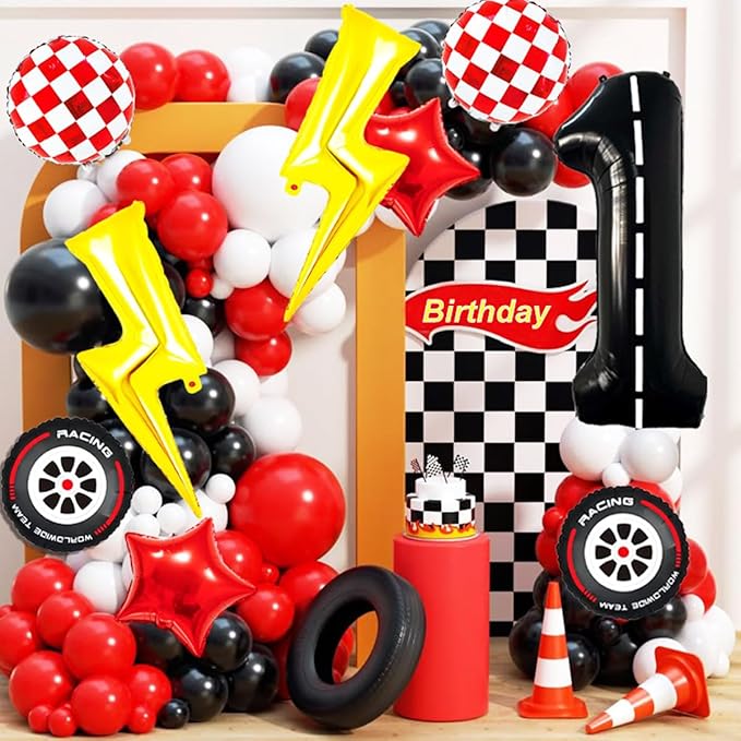 Cartoon Race Car Birthday Party Decorations Lightning Bolt Foil Balloons Race Car Balloons 40 Inch Racetrack Number 1 Balloon for 1st Cars Themed Party Decor Supplies