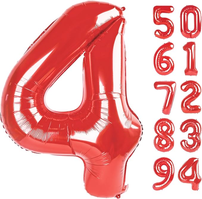 Red 4 Balloon, Number Balloon 40 Inch for 4th Red Party decorations, Four Large Numbers for Party Decor, Number 4 Balloon