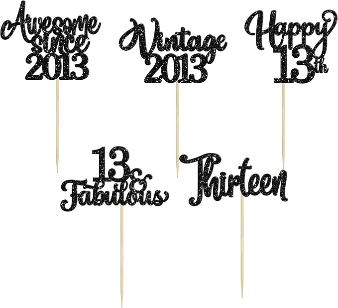 30Pcs Happy 13th Birthday Cupcake Toppers Glitter Thirteen Vintage 2013 Cupcake Picks Cheers to 13 Fabulous Cake Decorations for 13th Birthday Wedding Anniversary Party Supplies Black