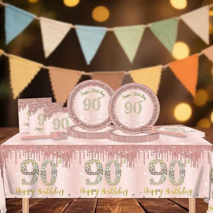 90th Birthday Decorations for Women,61Pcs Rose Gold 90th Birthday Decorations Tableware Include Happy 90th Birthday Plates and Napkins,Tablecloth,Forks,90th Birthday Party Supplies Serve 20