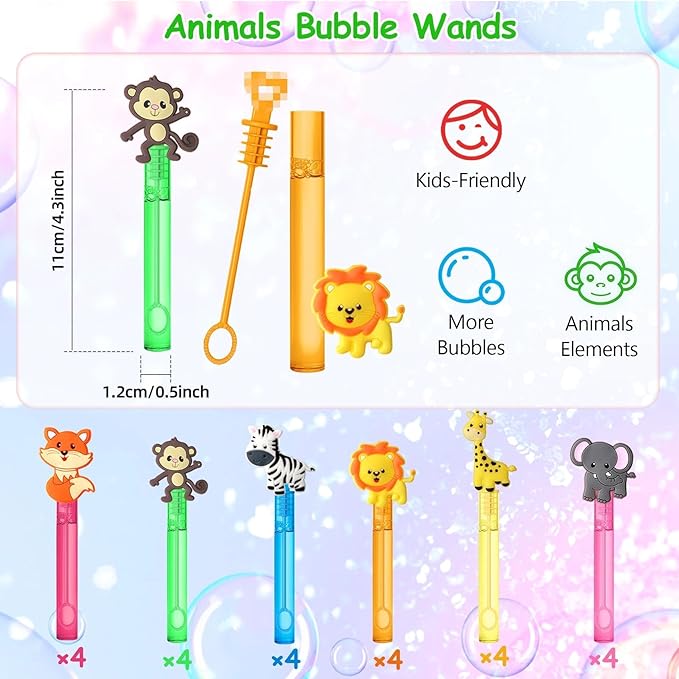 24 Jungle Animal Party Favors Bubble Wands for Kids, Lion Fox Zebra Giraffe Safari Mini Bubbles Wand Toys, Woodland Theme Birthday Party Supplies Goodie Gift Bag Stuffers Pinata Classroom Prizes