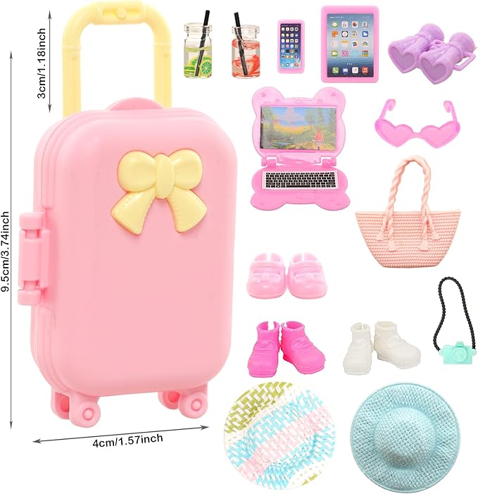 25 Pcs 5.3 Inch Doll Clothes Suitcase Accessories 4 Dresses 3 Tops and Pant Outfits 3 Swimsuits 1 Luggage 3 Shoes 11 Travel Accessories Glasses for 5.3 Inch Dolls(Doll NOT Include)