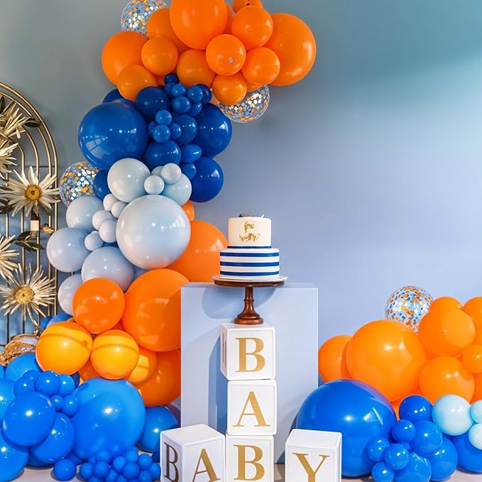 Orange and Blue Balloons, 60pcs 12 Inch Royal Blue Light Blue Pastel Orange Latex Party Balloons with Orange and Blue Confetti Balloons for Boy Birthday Party Baby Shower Graduation Decorations