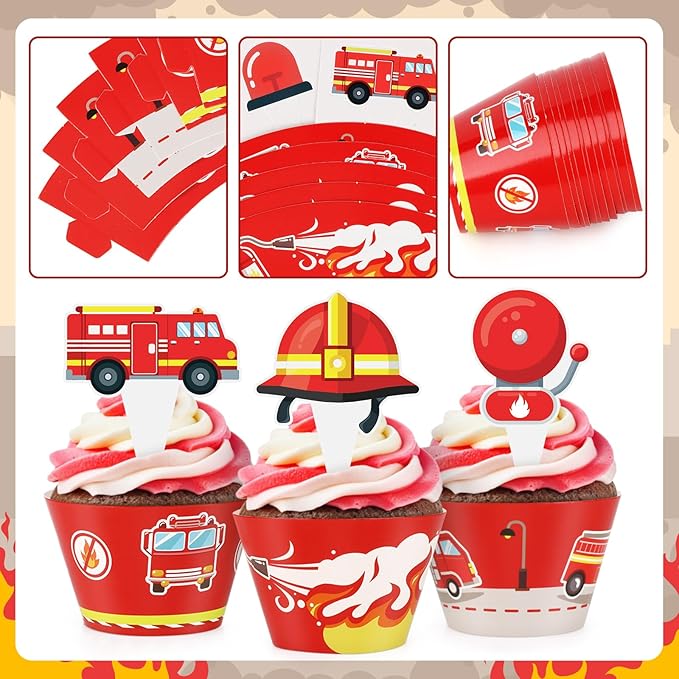 48 Pack Fire Truck Cupcake Toppers and Wrappers, Firefighter Fireman Party Cake Decoration for Firefighting Theme Birthday Party Baby Shower Supplies