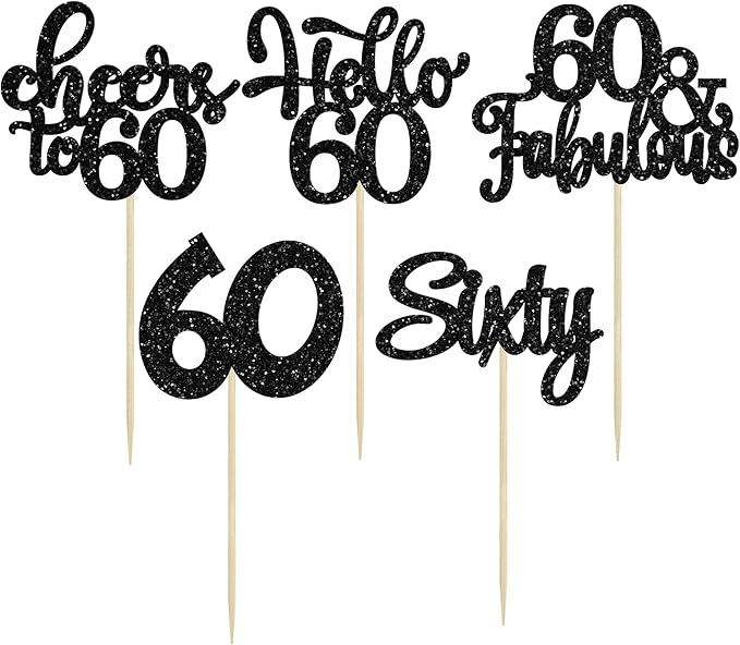 30pcs Happy 60th Birthday Cupcake Toppers - Black Glitter Sixty Cake Toppers - Cheers to 60 Years Old Cupcake Picks for Anniversary Party Cake Decorations