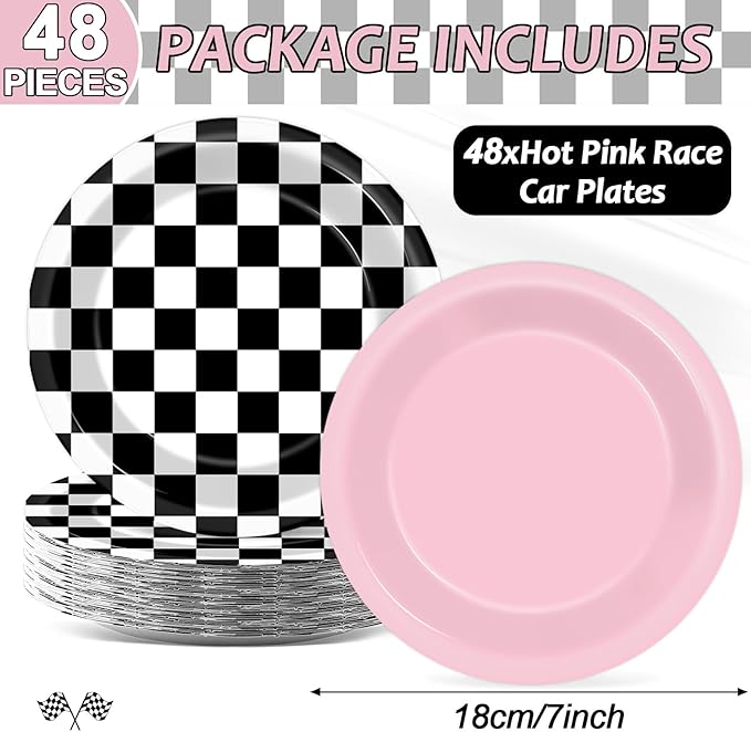 48Pcs Pink Checkered Birthday Paper Plates for Racing Car Theme Party Supplies 7" Hot Pink Race Car Disposable Black White Checkered Plates for Kids Girls Birthday Baby Shower Party Decorations