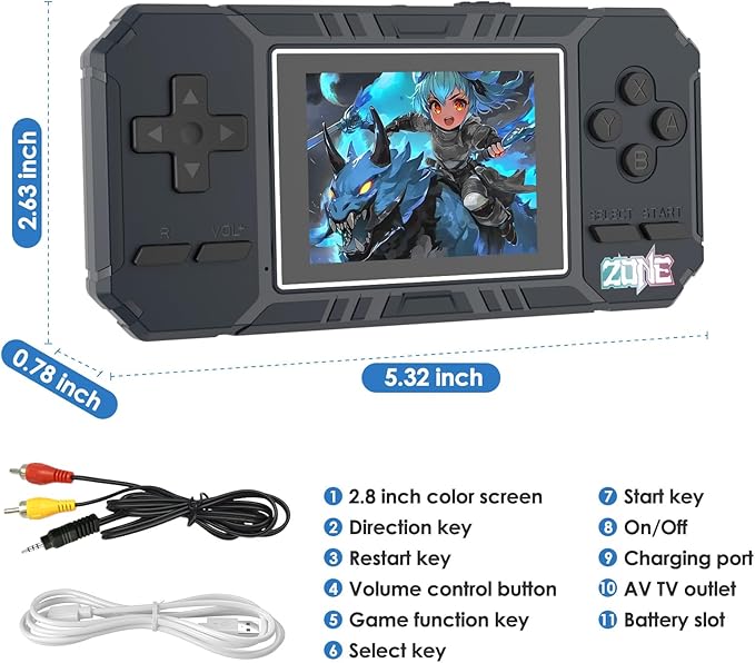 JKV Handheld Game Consoles - 520 Retro Classic Video Games, 1020mAh Rechargeable Battery 2.8" HD Screen, Portable Travel Games Mini Arcade Pocket Player, Support TV, Present for Kids & Adults (Blue)