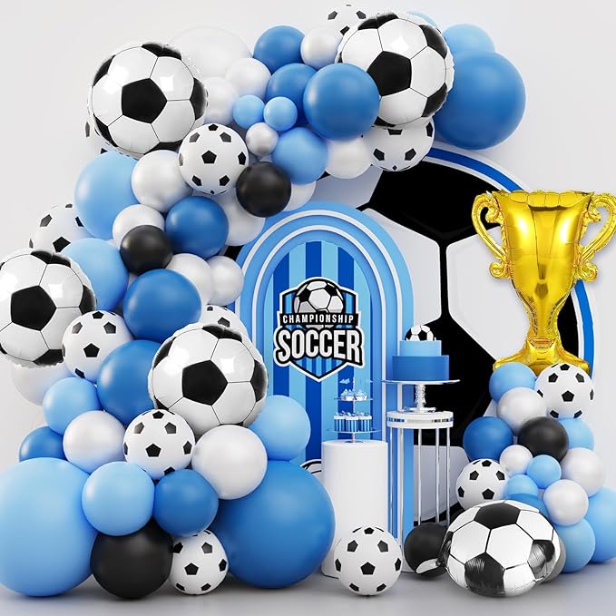 Soccer Balloon Garland Arch Kit, 103Pcs 18 12 10 5inch Blue White Soccer Balloons with 18inch Football Foil Balloons for Sports Theme Soccer Party Decorations