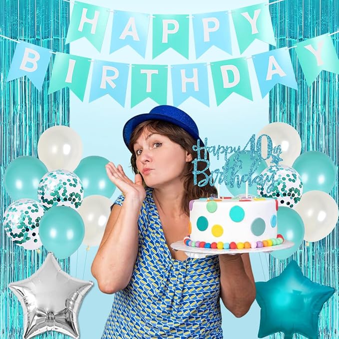 40th Birthday Decorations for Women Girls Teal - Queen Sash Happy Birthday Banner Cake Topper Number 40 Foil Balloon Foil Curtain for Turquoise Fortieth Birthday Decorations Party Supplies for Her