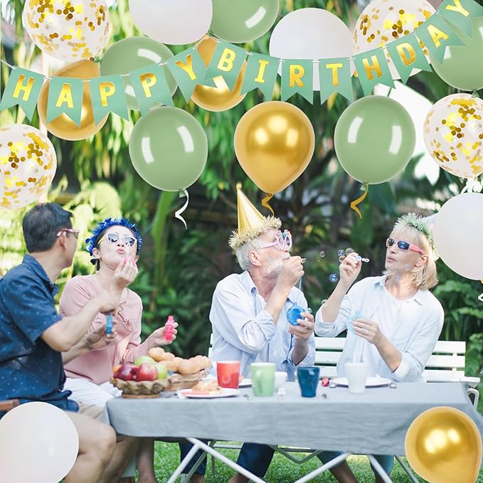 Happy Birthday Banner, Green Birthday Decoration, 16 Pcs 12in Happy Birthday Balloons with 2 Ribbons for Men Women Girls and Boys Birthday Party Decoration