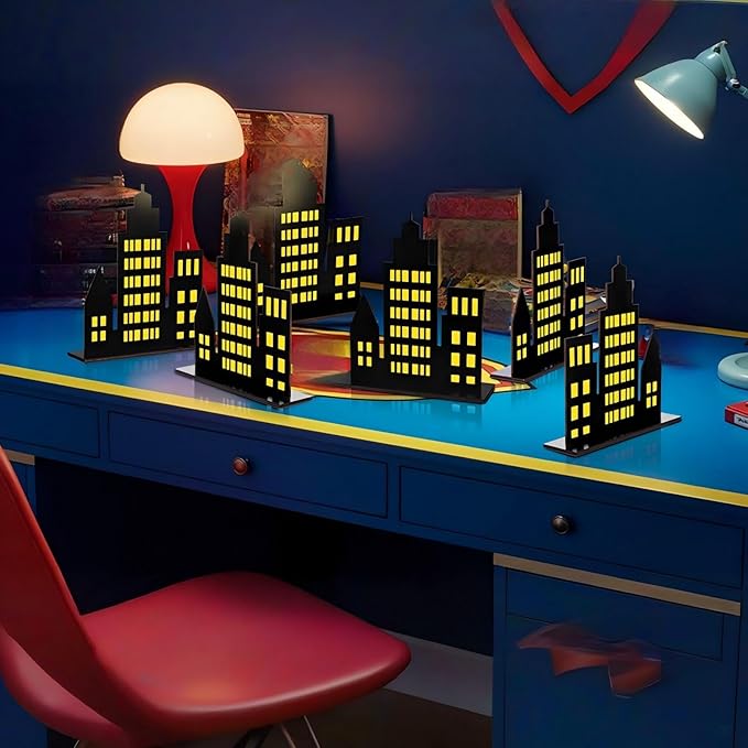 Geelin 6 Pcs Skyscraper Party Decorations Hero Party Decorations New York City Wood NYC Centerpieces City Skyline Building Decor for Comic Birthday Favors Supplies(Solid Style,Black, Yellow)
