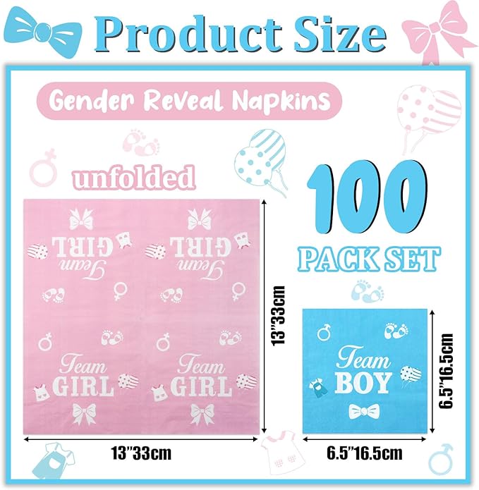 100Pcs Gender Reveal Napkins, 13 x 13 Inches Boy or Girl Baby Shower Napkin, Team Boy or Girl Napkins, Blue Pink Party Napkin for Baby Shower Gender Reveal Party Supplies