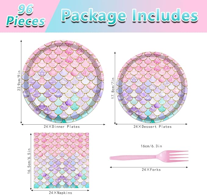 96PCS Mermaid Plates and Napkins Tableware Set Mermaid Party Supplies Mermaid Birthday Party Decorations Ocean Mermaid Theme Birthday Baby Shower Supplies Mermaid Paper Plates Napkins Forks Serve 24