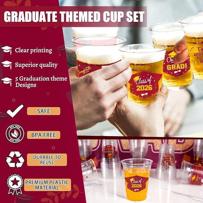 GuassLee Maroon Graduation Decorations 2026 Party Cups - 50pcs 12 Oz Maroon Disposable Graduation Plastic Clear Cups for Drinks Class of 2026 Grad Party Supplies