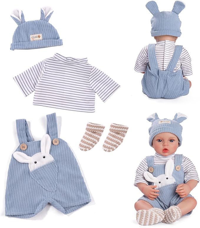 BABESIDE 4-Piece Baby Doll Clothes for 15-18 Inch Dolls, Doll Outfit Accessories with Bunny Pattern fit Baby Dolls, Pretend Play Accessories Gift for Boys & Girls,Blue