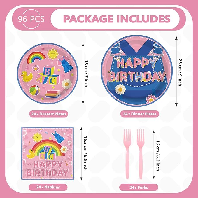 96Pcs Girls Birthday Party Decorations Pink Cartoon Teaching Plates and Napkins Cartoon English Teacher Theme Tableware Set for Girl Birthday Baby Shower Party Supplies，Serves 24
