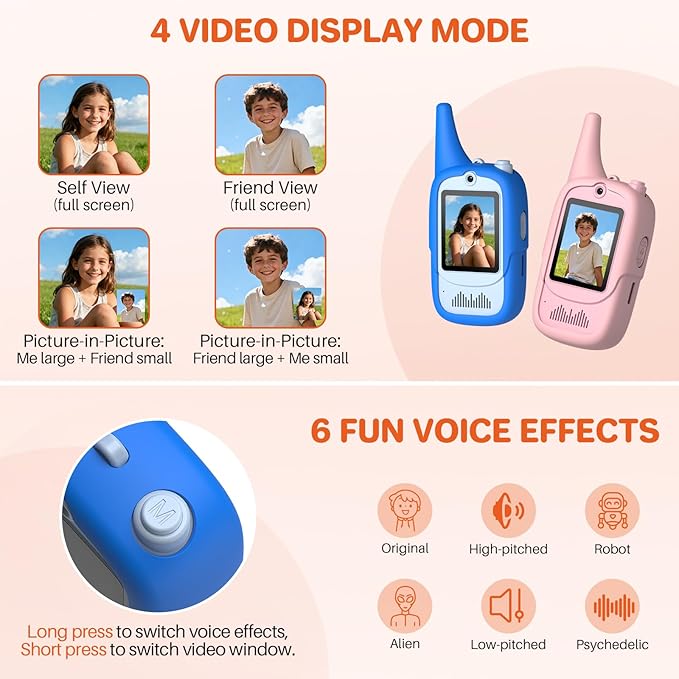 FUNYKICH 2PCS Video Walkie Talkies for Kids with Dinosaur-Themed Protective Case, Rechargeable Handheld Kids Video Intercom, Indoor Outdoor Toys for Games, Camping, Hiking for Boys Girls Ages 3-12