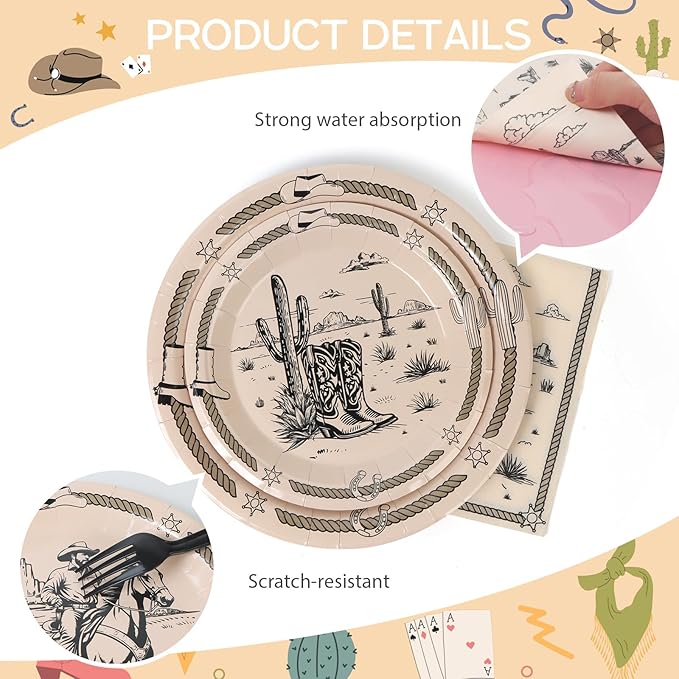 96Pcs Western Cowboy Disposable Tableware Set Cowboy Ranch Bachelorette 7"&9" Plates and Napkins and Cups for 24 Guest Kid Birthday Picnic Party Table Supplies Decorations