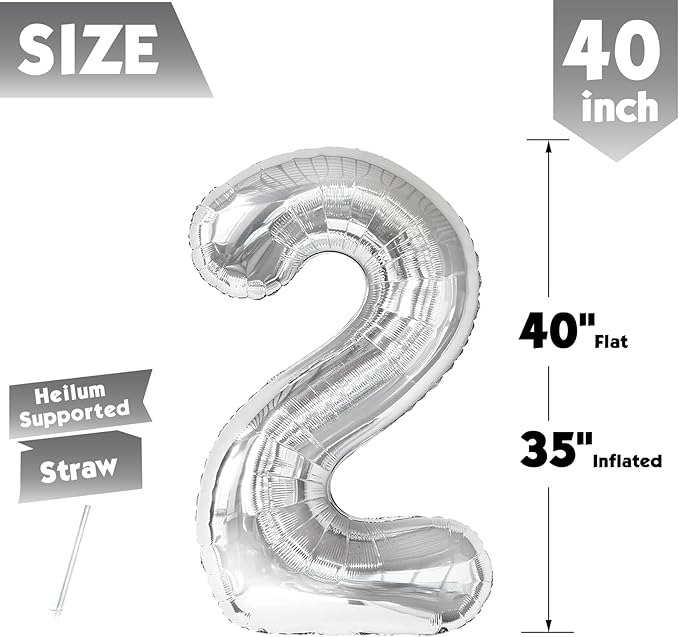 40 Inch Silver Number 2 Balloon, Giant 2 Number Balloons for 2nd Birthday Decorations, Party Supplies for Baby Boy Girl, Silver Party Decor