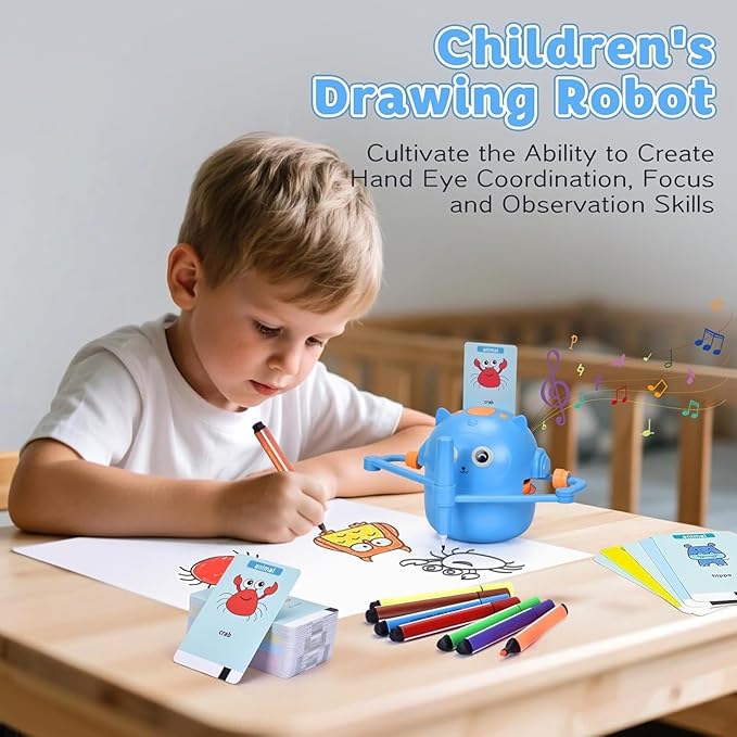 Drawing Robot for Kids, Interactive Kids Drawing Robot, Fun Drawings Robots Toy with Voice 100 Word Cards & 12 Color Pens, Educational Creatively Children Drawings Robots Painting Toy, for Boys Girls