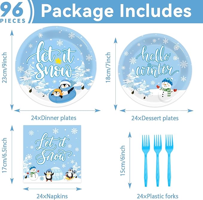 96PCS Hello Winter Party Supplies Winter Snowflake Party Tableware Set Christmas Disposable Dinnerware Plates Napkins Forks with Snowman Penguin for Winter Christmas Birthday Party Favors