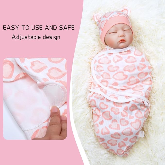 Reborn Baby Dolls Clothes Outfit Accessories Pink Heart Swaddle Blanket & Hat 2 Pcs Set for 17-22 Inch Reborn Doll Newborn Girl&Boy