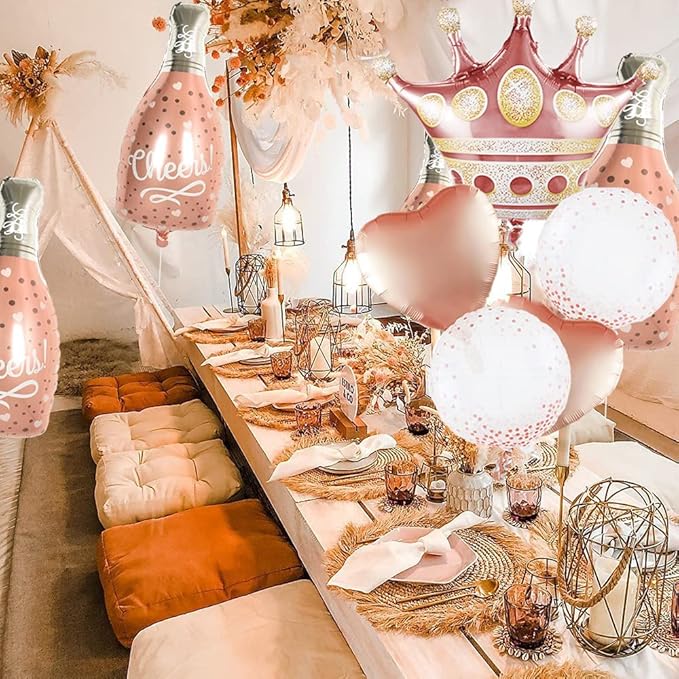 Crown Balloons Pack Of 5 Foil Mylar Helium Balloons For Quinceanera Party Decorations in Rose Gold, Clear Rose Gold Dot