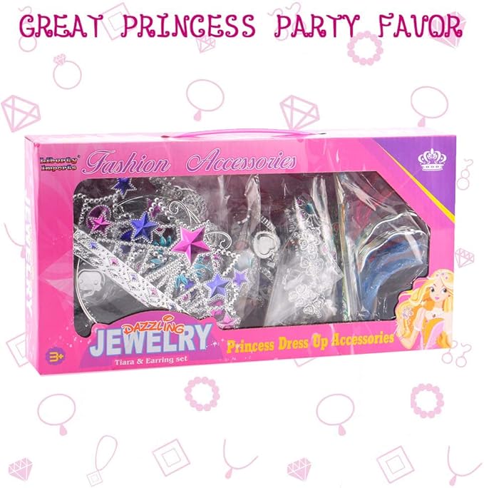 Liberty Imports 50 PCS Princess Jewelry Dress Up Accessories, Pretend Play Set Jewelry Party Favors for Girls Cosplay Party Favors with Crown Wand Ring Earring Necklace