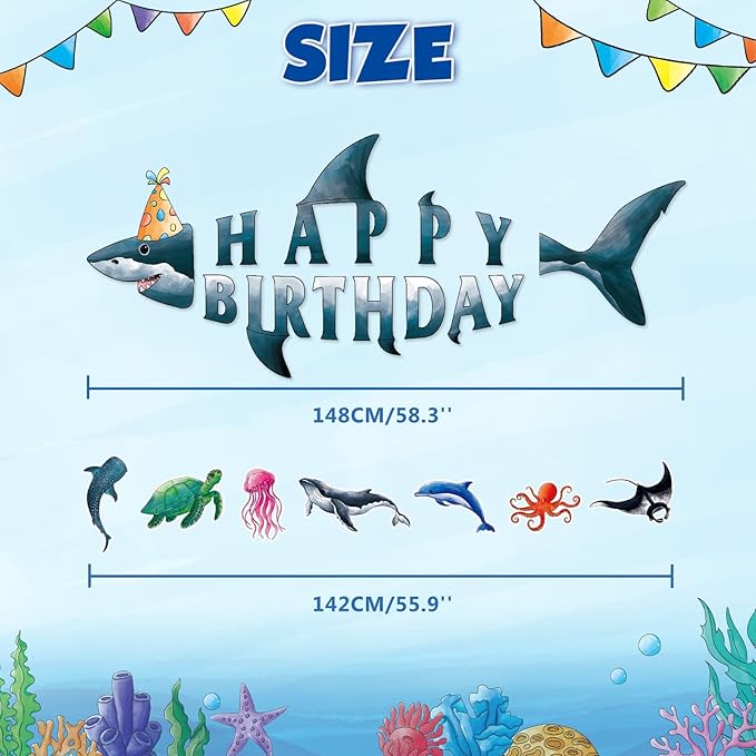 WERNNSAI Shark Happy Birthday Banner Set - Ocean Theme Party Supplies for Kids Boys Pre-strung Shark Birhday Banner and Ocean Animal Banner Beach Under The Sea Theme Party Decorations Hanging Wall Decor